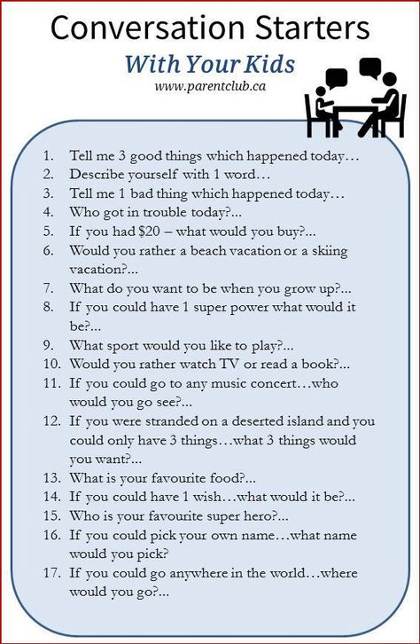 Conversation Starters with your kids via www.parentclub.ca Conversation For Kids, Good Conversation Starters, River Activities, Family Conversation Starters, English Conversation For Kids, Speaking Activities English, Text Conversation Starters, Conversation Starter Questions, Conversation Starters For Kids