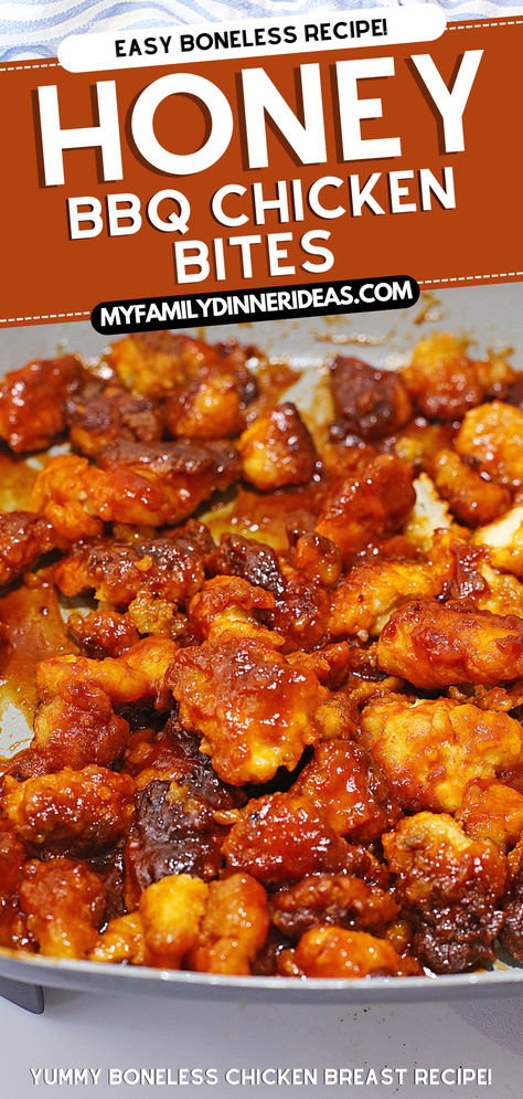 Honey BBQ Chicken Bites Honey Bbq Chicken Bites, Chicken Breastrecipes Boneless, Sandwich Recipes Dinner, Bbq Chicken Bites, Chicken Bites Recipes, Easy Skillet Chicken, Chicken Boneless Breast Recipes, Easy Bbq Chicken, Meatball Dinner