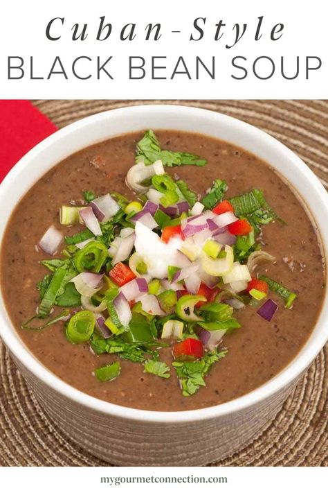 A simple, speedy version of Cuban black bean soup flavored with onion, garlic, red bell pepper, jalapeno, cumin, coriander and lime juice. Jalapeno Soup Recipes Healthy, Cuban Black Bean Soup Authentic, Cuban Black Bean Soup, Soups Healthy, Bean Soups, Easy Black Bean Soup, Cuban Black Beans, Black Bean Soup, Soup Kitchen