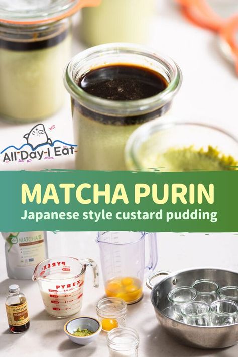 Matcha Purin (Japanese style custard pudding with matcha tea) #japanesefood #japanesecooking #japanesecuisine #pudding #matcha #custardpudding #dessert #japanesedessert Custard Pudding Recipe, Japanese Pudding, Matcha Pudding, Matcha Dessert, Matcha Cookies, Matcha Tea Powder, Easy Japanese Recipes, Custard Pudding, The Matcha