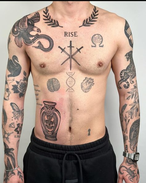 Belly Tattoo Men, Mens Chest Tattoos, Geometric Tattoo Sleeve Designs, Occult Tattoo, Torso Tattoos, Tattoo Trend, Tattoo Inspiration Men, Kawaii Tattoo, Chest Piece Tattoos