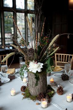 Fall Outside Wedding Ideas Diy Projects, Tin Can Centerpieces Rustic, Woodsy Centerpieces Rustic, Swamp Centerpieces, Woodsy Party Decor, Pheasant Feather Centerpieces, Woodsy Tablescape, Fall Themed Wedding Centerpieces, Fall Wedding Centerpieces Diy