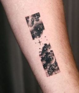 Rectangle Tattoo Ideas, Rectangular Tattoo, Rectangle Tattoo, Night Sky Tattoos, Full Hand Tattoo, Sky Tattoos, Tattoo Placement Ideas, Night Tattoo, Around Arm Tattoo