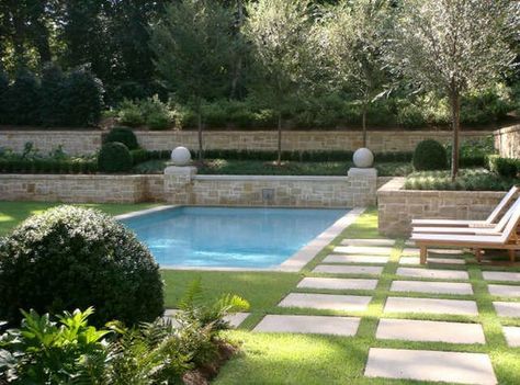 grass with pavers around pool Stone Pool Deck, Rectangle Swimming Pools, Landscaping Around Pool, Inground Pool Designs, Rectangular Swimming Pools, Inground Pool Landscaping, Rectangle Pool, Stone Pool, Swimming Pool Landscaping