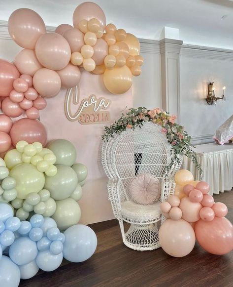 Chair With Balloons, Peacock Chair Balloon Garland, Pastel Balloon Wall, Pastel Blue And Purple Balloon Garland, Peacock Chair Decor, Elephant Gender Reveal Purple And Turquoise Backdrop, Pink Elephant Baby Shower Theme Backdrop, Baby Shower Chair, Peacock Chair