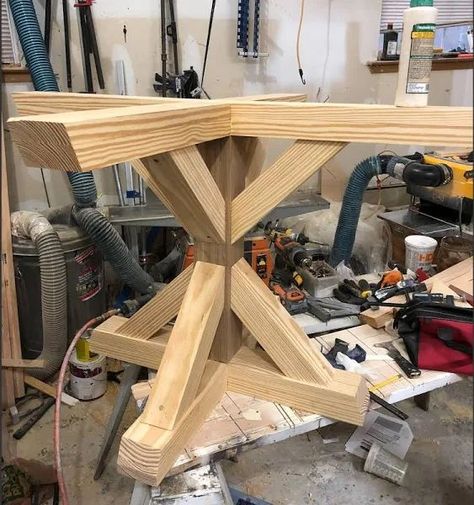 Diy Round Farmhouse Dining Table, Legs For A Round Table, Round Table Diy How To Make, Round Table Diy How To Build, Diy Round Farmhouse Table, Diy Circular Table, Diy Round Dining Table Base, Round Dining Table Plans, Table Legs Ideas Wooden Diy