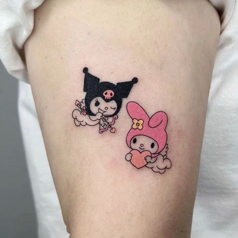 Hello Kitty And Kuromi Tattoo, Kuromi And My Melody Matching Tattoo, Matching Tattoos Hello Kitty, Kuromi My Melody Tattoo, Kuromi And My Melody Tattoo, My Melody Tattoo, Kuromi Tattoo, Matching Bff Tattoos, Cat Tattoo Ideas