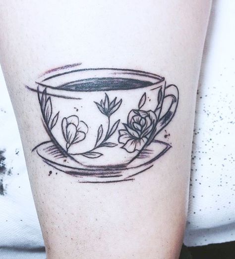 Needs a teabag string hanging out and then all set! Lotusblume Tattoo, Tea Tattoo, Teacup Tattoo, Sketchy Style, Bow Tattoo Designs, Cup Tattoo, Coffee Tattoo, Coffee Tattoos, Bow Tattoo