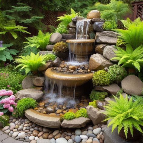 Backyard Corner Fountain Ideas, Diy Water Fountain Easy Cheap, Pool Waterfall Landscaping, Garden Fountains Outdoor, Small Garden Waterfalls, Waterfall Landscaping, Water Fountain Design, Fountain Garden, Rock Fountain