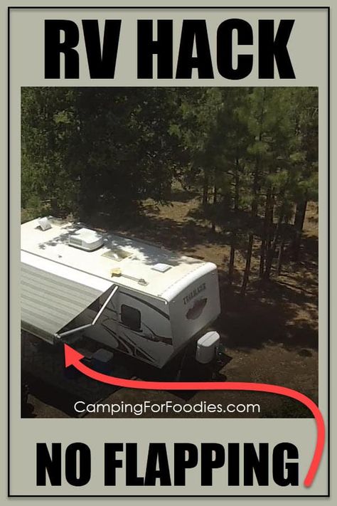 Don't get annoyed with that flapping noise! Use this simple DIY hack to tie down your RV awning so it quits flapping in the wind! This little gadget will be your most favorite piece of camping gear! Get more camping tips and RV hacks from CampingForFoodies. #camping #camp #RV #tips #hacks #CampingForFoodies #simple #diy #gadget #gear Rv Hack, Rv Diy, Camper Maintenance, Rv Awning, Rv Gear, Rv Inspiration, Solar Products, Full Time Rv Living, Rv Camping Tips