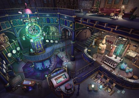 Steampunk Science Lab, Secret Laboratory Concept Art, Post Apocalyptic Laboratory, Steampunk Laboratory Concept Art, Medieval Laboratory, Fantasy Laboratory, Magical Laboratory, Sci Fi Laboratory Concept Art, Victorian Laboratory