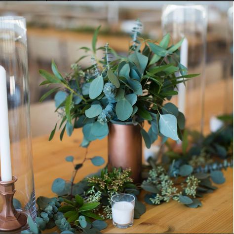 Copper Vases Copper Eucalyptus Wedding, Copper Vase With Flowers, Navy And Copper Wedding Centerpieces, Copper Centerpiece Wedding, Copper Centerpieces, Copper Wedding Centerpieces, Backyard Planting Ideas, Round Table Centerpieces Wedding, Wedding Table Florals