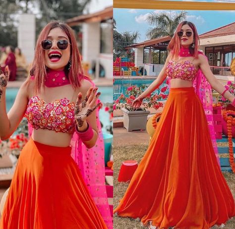 Plain Lehenga, Casual Blouse Designs, Ceremony Outfit, Orange Lehenga, Mehendi Outfit, Haldi Outfits, Bridesmaid Lehenga, Choli Dress, Sabyasachi Lehenga