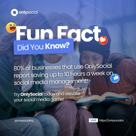 Fun Fact! Did you know?  🤔 80% of businesses using OnlySocial save up to 10 hours a week on social media management! 🚀✨  Imagine what you could do with that extra time! 🎉 #OnlySocialFacts #TimeSaver #SocialMediaManagement #ProductivityBoost #FunFact Facts Social Media Post, Did You Know Post, Instagram Facts, Travel Post, Graphic Ideas, Did You Know Facts, Social Media Games, Media Management, Time Saver