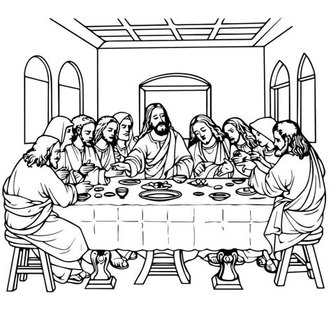 Last Supper Coloring Page Free Printable, Last Supper Coloring Page, Leonardo Da Vinci Dibujos, Jesus Art Paintings, Creation Coloring Pages, Jesus Coloring Pages, Jesus Drawings, Bible Verse Coloring, Jesus Christ Artwork