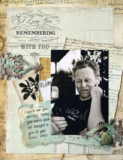 Remembering - Scrapbook.com - #scrapbooking #layouts #bobunnypress #marthastewartcrafts #prima Memorial Scrapbook, Masculine Scrapbook, Heritage Scrapbook Pages, Scrapbook Page Ideas, Scrapbook Photos, Wedding Scrapbook Pages, Genealogy Scrapbooking, Beautiful Scrapbook Layouts, Dusty Attic