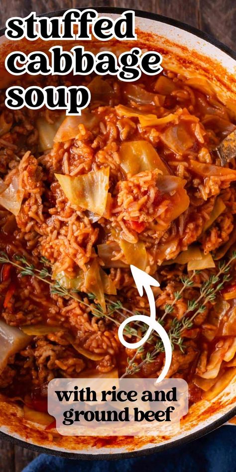 If you’re looking for an easy way to enjoy cabbage rolls, try this stuffed cabbage soup! Stove-top, slow cooker and Instant Pot instructions included. Stuffed Cabbage Soup, Cabbage Soup Crockpot, Slow Cooker Cabbage, Instant Pot Cabbage, Unstuffed Cabbage Soup, Comfort Soups, Low Carb Holiday Recipes, Cabbage Stew, Crock Pot Cabbage