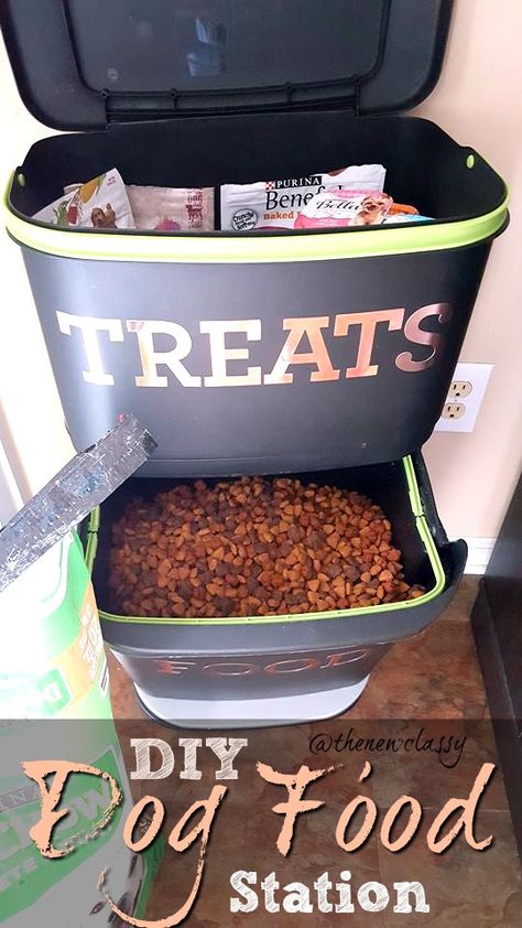 DIY Dog Food Station From An Upcycled Kitchen Recycler #ad #FeedDogsPurina Dog Food Storage Kitchen, Dog Food And Treat Organization, Cute Dog Food Storage Ideas, Diy Dog Station Ideas, Dog Food Organization Ideas, Dog Food Station Ideas, Diy Pet Food Storage, Dog Treat Storage Ideas, Dog Organization Station