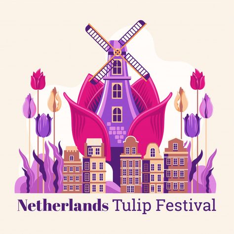 Netherlands Illustration, Tulips Festival, Tulips Illustration, Tulip Illustration, Party Building, Tourism Design, Festival Illustration, Wind Mill, Holiday Scrapbook