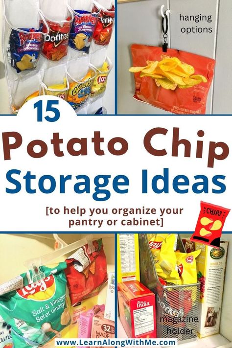 Get your pantry organized with one of these potato chip storage ideas.  15 ways to store chip bags to help tidy up your pantry or kitchen cabinet.

There are some ways to store chips on a pantry shelf, inside a cabinet and some hanging options to utilize vertical space.

#potatochipstorageideas  #pantryorganization  #pantryorganizationideas  #pantrystorage  #pantrystorageideas  #potatochipstorage Hanging Chips In Pantry, Storing Chip Bags In Pantry, Chip Pantry Storage, Pantry Organization Chip Bags, Pantry Organization For Chips, How To Store Chips Bags In Pantry, Small Chip Bag Storage, Ways To Store Chips, Bread And Chip Storage Ideas