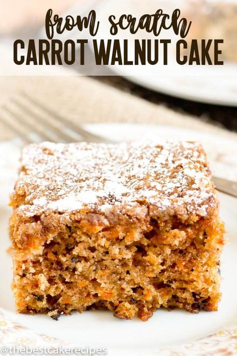 Easy 8x8 Carrot Walnut Cake perfect for dessert, breakfast or snack. This lightly sweetened cake needs no frosting and is loaded with walnuts.     via @thebestcakerecipes Walnut Cake Recipe Easy, Carrot Walnut Cake, Walnut Cake Recipe, Carrot And Walnut Cake, High Tea Food, Homemade Carrot Cake, Dessert Breakfast, Walnut Recipes, Walnut Cake