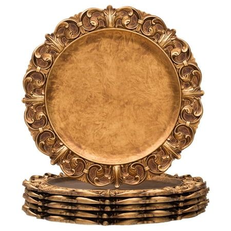 MAONAME Luxe and glam antique charger plates are an excellent display plate to elevate the look of your tabletop for any occasion, and add an enormous depth to the table. An antique look with beautifully carved details around the edges will make your table furniture more elegant and noble. STUNNING: Chargers for dinner plates are made of heavy quality thick plastic, Each plate is 0.4 inches thick, sturdy, and well-made, and featuring the ornate embossed rim design, 14-inch large size design refl Plates Table Setting, Vintage Charger Plates, Gold Charger Plates, Plate Chargers, Gold Charger Plate, Gold Chargers, Holiday Table Settings, French Table, Wedding Tables