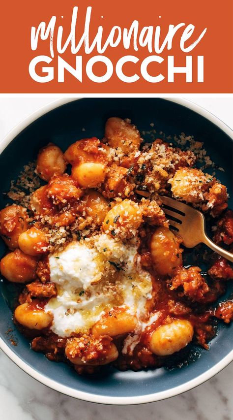 Millionaire Gnocchi! You're going to feel like a million bucks when eating this delicious Millionnaire Gnocchi! Pillowy gnocchi, melty herbed ricotta, fresh herbs, and surprise little crunches from the savory golden brown breadcrumbs you sprinkled on top. #gnocchi #pasta #redsauce Gnocchi Main Dish Recipes, Ideas For Gnocchi, Baked Gnocchi With Ricotta, Asian Gnocchi Recipes, Easy Simple Recipes Healthy, Gnocchi Recipes Ricotta Cheese, One Pot Gnocchi Recipes, Gnocchi Lasagna Recipes, Millionaire Gnocchi