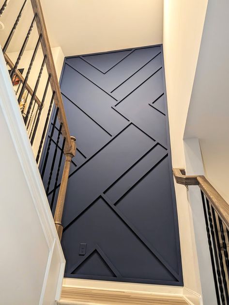 Completed Projects - THE BOARDROOM ACCENT WALLS Staircase Landing Accent Wall, Staircase Landing Wall Design, 2 Story Staircase Accent Wall, Accent Walls Staircase, Stairwell Feature Wall, Staircase Wall Design Interiors, Tall Accent Wall, Hallway Accent Wall Ideas, Wall Under Stairs