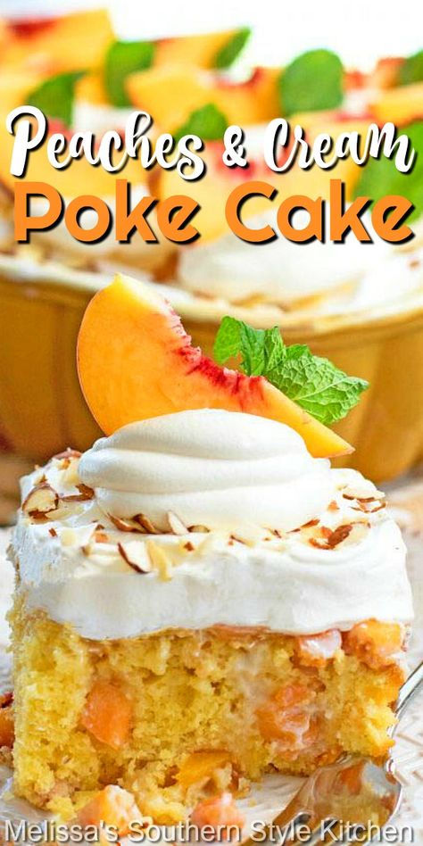 Peach Cobbler Poke Cake, Peach Pudding Cake, Coconut Peach Cake, Peach Jello Cake, Summer Peach Cobbler Poke Cake, Peach Poke Cake Recipes, Desserts Made With Peaches, Peach Poke Cake, Peaches And Cream Poke Cake