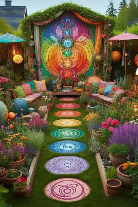 Small Beach Patio Ideas Outdoor, Whimsical Garden Decor Diy, Hippy Backyard, Hippie Backyard, Small Backyard Oasis, Bohemian Patio Decor, Beach Theme Backyard, Hippie Garden Ideas, Outdoor Meditation Space