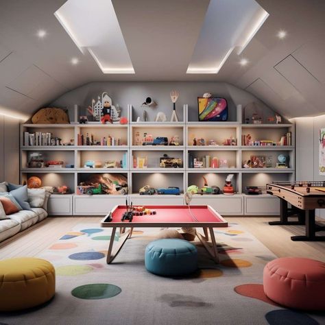 Ultimate Game Room Ideas for Perfect Gaming Experience Games Room Attic, Family Gaming Room Ideas, Family Game Room Design Cozy, Modern Games Room, Teenager Game Room, Teenage Playroom, Kids Hangout Room Ideas, Teen Rec Room, Family Game Room Ideas