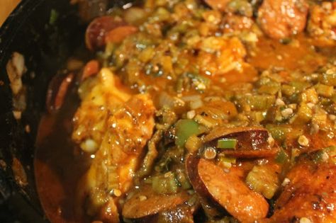 Smothered Chicken and Shrimp with Sausage and Okra-Creole Contessa Smothered Okra, Okra Stew, Okra And Tomatoes, Southern Comfort Food, Shrimp Sausage, Okra Recipes, Cajun Creole Recipes, Chicken Shrimp, Smothered Chicken