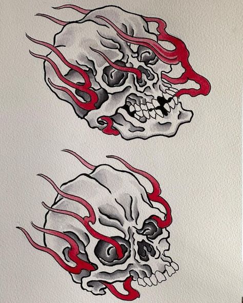 Oni Knee Tattoo, Trad Skull Tattoo Design, Traditional Japanese Skull Tattoo, Japanese Skeleton Tattoo, Skull Tattoo Japanese, Trad Skull Tattoo, Japanese Skull Tattoo Design, Skull Flames Tattoo, Japanese Skull Tattoo