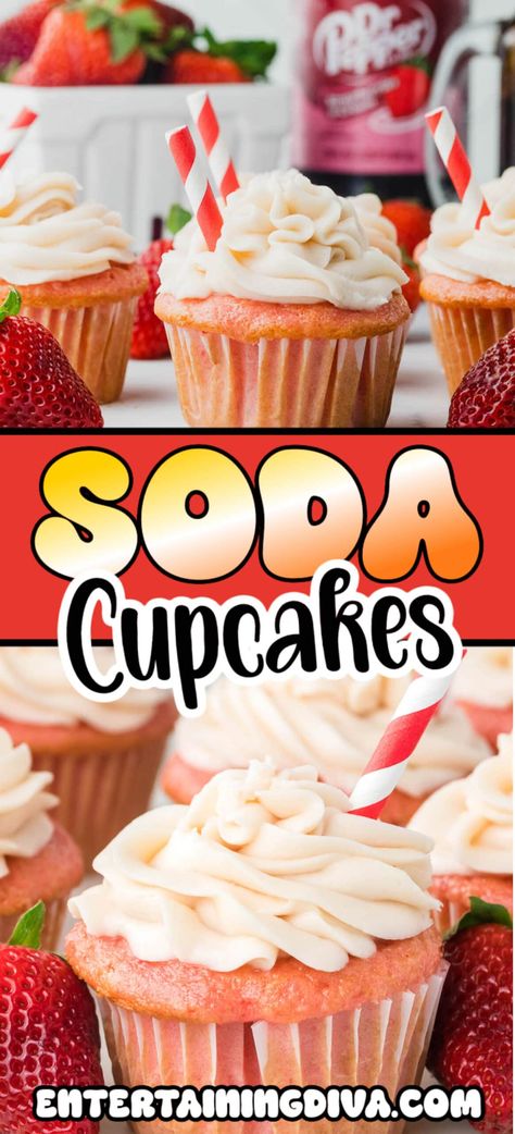 Easy Soda Cupcakes With Cream Cheese Icing | Recipes Soda Flavored Cupcakes, Soda Pop Cupcakes, Soda Cupcakes, Cake Mix And Soda, Cream Cheese Icing Recipe, Strawberry Cream Cheese Frosting, Cream Cheese Frosting Cake, Strawberry Soda, Lemon Frosting