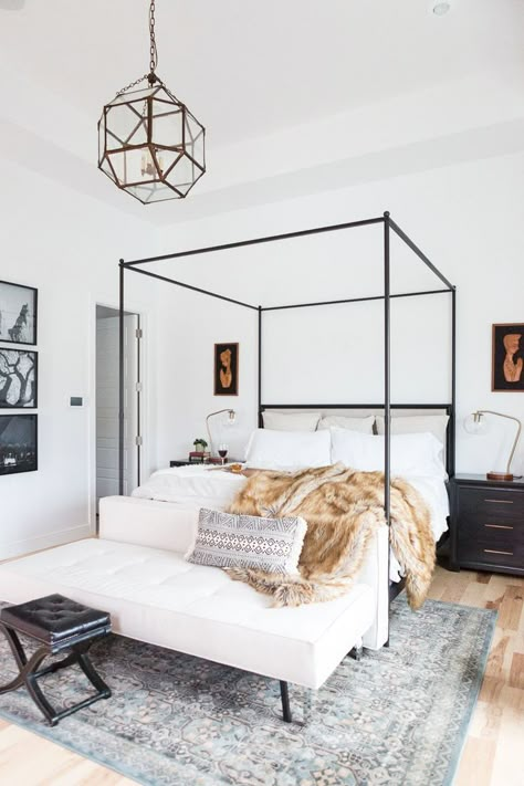 5 Tips for Creating A Master Bedroom He Will Love - Master bedroom design, canopy beds, fur throw, gallery walls, pendant light fixture in master bedroom, master bedroom lighting, master bedroom light, Bohemian Bedrooms, Four Poster Bed, Bedroom Bliss, Poster Bed, Amber Interiors, Dreamy Bedrooms, Beautiful Bedroom, Canopy Bed, Modern Bedroom Design