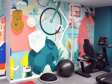 Sport Mural. by Paykhan on Dribbble Sport Bar Design, Jungle Artwork, Jungle Mural, Sports Painting, Creative Wall Decor, School Murals, Murals For Kids, Bedroom Murals, Wacom Cintiq