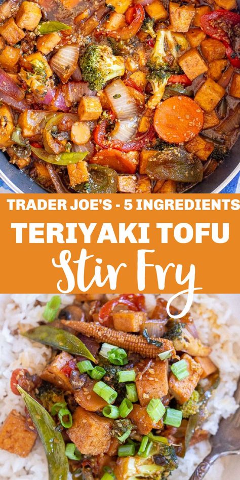 This delicious Teriyaki Tofu Stir Fry is made with just 5 ingredients, all from Trader Joe's! It's really easy to make and perfect for an easy hassle free weeknight dinner that just happens to be vegan! #teriyaki #teriyakitofu #Stirfry #tofu #vegan Terriyaki Tofu, Vegan Teriyaki, Kid Friendly Vegetarian Recipes, Tofu Recipes Vegan, Teriyaki Tofu, Tofu Vegan, Easy Vegetarian Dinner, Tofu Stir Fry, Wfpb Recipes