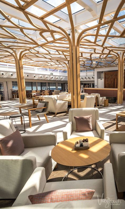 Viking Ocean cruises have taken calm interiors to the next level with Viking Sea's Winter Garden. Canopy Design Outdoor, Viking Ocean Cruise, Scandinavian Chic, Star Of The Sea, Modern Organic Design, Best Cruise Ships, Viking Cruises, Ship Decor, Ocean Cruise