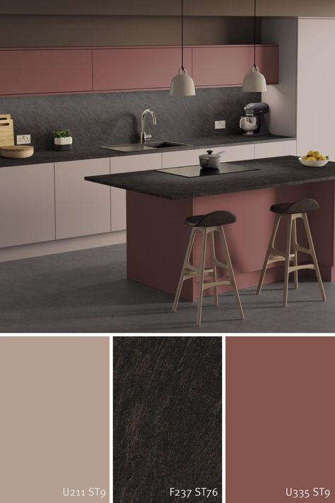 Red Kitchen - Decor Inspiration Dark Grey And Wooden Kitchen, Modern Dark Kitchen Design, Cashmere Grey Egger, Dark Kitchen Design, Moody Kitchen Design, Dark Grey Gloss Kitchen, Egger Vicenza Oak, Modern Dark Kitchen, Onome Egger