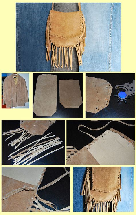 Suede Purse Pattern, Leather Fringe Purse Diy Bag Tutorials, Diy Suede Bag, Diy Bags Tutorial, Leather Fringe Handbag, Old Jacket, Leather Fringe Purse, Boho Leather Bags, Leather Inspiration