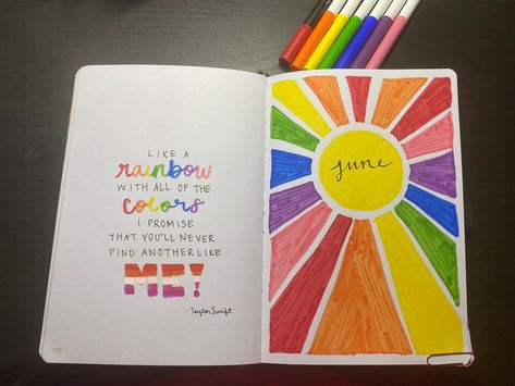 2 page journal spread. On the left there is a Taylor Swift quote from her song Me! On the right there is a rainbow sunbeam June Journal Cover, Pride Journal Page, Rainbow Bujo, Rainbow Bujo Theme, June Bullet Journal Cover Aesthetic, June Bullet Journal Cover Pride, Pride Bullet Journal Theme, Pride Bullet Journal, Rainbow Journal Page