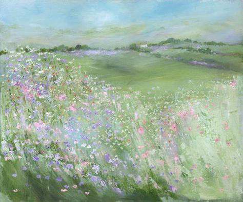 A summers day Seaside Garden, Wild Flower Meadow, Flower Meadow, Meadow Flowers, Naive Art, Pastel Art, Watercolor Landscape, By The Sea, Abstract Landscape