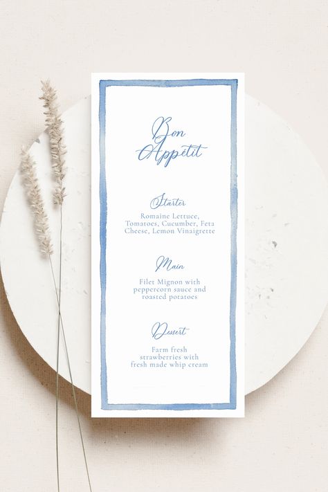 Menu Frame Design, Blue Menu Design, Light Blue Wedding Invitations, Dinner Menu Template, Light Blue Watercolor, 21 Dinner, Watercolor Menu, Blue Menu, Port Vila