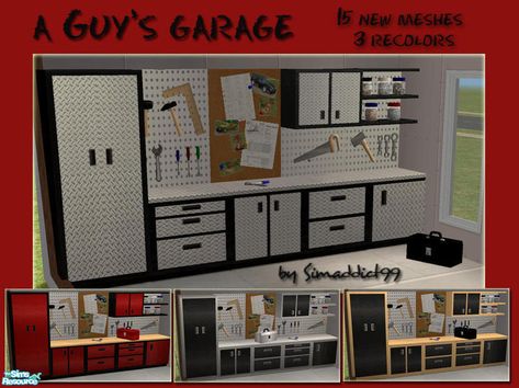 Does your man hang out in the garage near his pride and joy? Is he in need of a garage make-over? Then this is the perfect gift. Includes counter tables, wardrobe locker, mini fridge and... Sims 4 Garage Cc, Sims 4 Garage, Counter Tables, Garage Clutter, Backyard Garage, Sims 4 Piercings, Mechanical Workshop, Sims 4 Cc Kids Clothing, Glass Garage Door