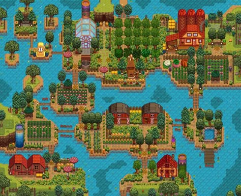 Stardew Valley Riverland, Stardew Valley Farm Ideas, Stardew Valley Farm Layout, Stardew Farm, Farm Layouts, Stardew Farms, Stardew Valley Ideas, Stardew Valley Farm, Types Of Farming