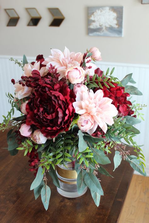 Dahlia Peony Bouquet, Dahlia And Peony Bouquet, Burgundy Dahlia Bouquet, Dahlia Centerpiece Wedding, Garden Rose Bouquet Wedding, Dahlia Centerpiece, Dahlia Wedding Bouquets, Blush Wedding Centerpieces, Blush Peony