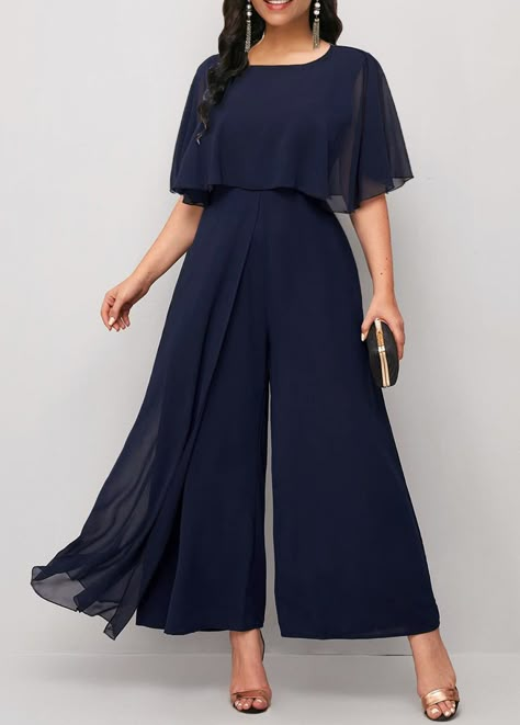 Navy Asymmetry Ankle Length Half Sleeve Jumpsuit Plus Size Jumpsuit Wedding, Jumpsuit Wedding, Half Sleeve Jumpsuit, Look Plus Size, Wedding Guest Attire, Wedding Jumpsuit, Flowy Design, Guest Attire, Bridesmaid Dresses Plus Size