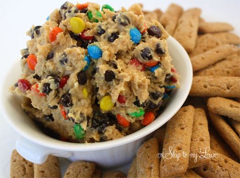 Monster Cookie Dough (no raw eggs)!  Addicting and amazing! www.skiptomylou.org #recipes #dips #cookiedough Monster Dip, Monster Cookie Dough Dip, Cookie Dough Dip Recipe, Cookie Dip, Monster Cookie Dough, Cookie Dough Dip, Monster Cookie, Sweet Dips, Activity Board