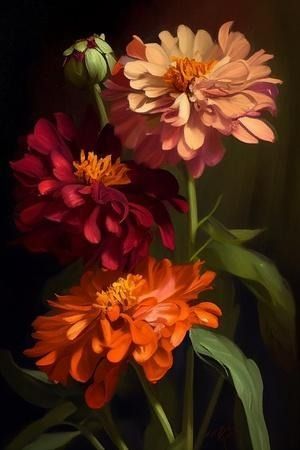 Vivienne Dupont Wall Art: Prints, Paintings & Posters | Art.com Zinnia Bouquet, Zinnia Flowers, Beautiful Oil Paintings, Art Print Display, Artwork Display, Flower Art Painting, Flower Drawing, Floral Painting, Painting Inspiration