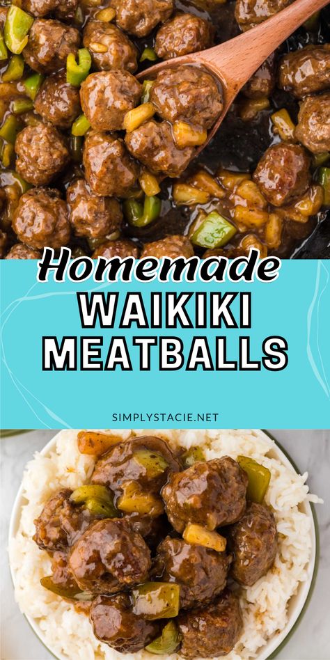 Two image collage of Waikiki meatballs. First image is a skillet of meatballs with a wooden spoon. Second image is a plate of rice topped with the meatballs. Hawaiian Meatball Recipes, Pineapple Meatballs Hawaiian, Porky Pine Meatballs, Meatballs Pineapple, Waikiki Meatballs, Meatball Dish, Pineapple Meatballs, Hawaiian Meatballs, Meatball Casserole Recipe